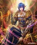  1boy blue_hair coin elf gem gold gold_trim hair_over_one_eye hand_up haya_(karn) indoors jewelry jewelry_removed legs_crossed male_focus motion_blur necklace necklace_removed official_art pointy_ears purple_eyes sheath shingoku_no_valhalla_gate sitting solo sword treasure_chest weapon 