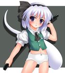  black_hairband blue_eyes blush cameltoe ghost hairband hitodama inaba_saito konpaku_youmu konpaku_youmu_(ghost) md5_mismatch navel no_pants panties ribbon short_hair silver_hair solo sword touhou underwear weapon 