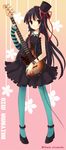  akiyama_mio aqua_legwear bad_id bad_pixiv_id bangs black_eyes black_hair blunt_bangs don't_say_&quot;lazy&quot; facepaint fingerless_gloves gloves hat hime_cut k-on! long_hair mini_hat mini_top_hat pantyhose peach_(momozen) solo striped top_hat 