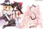  all_fours animal_ears backlighting bad_id bad_pixiv_id bell blonde_hair bow braid breasts brown_hair caidychen cat_ears cat_tail cleavage detached_sleeves finger_to_mouth hair_bow hakurei_reimu hat jingle_bell jpeg_artifacts kemonomimi_mode kirisame_marisa leg_ribbon legs lens_flare long_hair looking_at_viewer medium_breasts multiple_girls open_clothes open_shirt orange_eyes red_eyes ribbon see-through shirt shushing skirt tail tail_ribbon thighhighs touhou witch_hat yellow_eyes 
