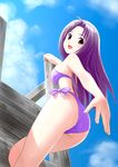  ass bikini blue_sky breasts cloud day from_behind from_below idolmaster idolmaster_(classic) long_hair looking_back medium_breasts miura_azusa open_mouth outdoors ponnetsu purple_bikini purple_hair sky solo swimsuit 