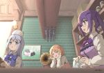  3girls :d ^_^ angora_rabbit animal animal_on_head apron bangs blue_eyes blue_hair blue_vest blurry blurry_foreground blush brick_wall bunny closed_eyes commentary_request cup depth_of_field drinking_glass eyebrows_visible_through_hair eyes_closed fingernails gochuumon_wa_usagi_desu_ka? hair_between_eyes hair_ornament hairclip holding hoto_cocoa indoors kafuu_chino light_brown_hair long_hair long_sleeves multiple_girls on_head open_mouth painting_(object) parted_lips pink_vest purple_eyes purple_hair purple_vest rabbit_house_uniform shirt signature smile tedeza_rize tippy_(gochiusa) twintails umiroku uniform vest waist_apron white_shirt x_hair_ornament 