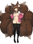 1girl :d absurdres animal_ear_fluff animal_ears aqua_eyes bandaid bandaid_on_pussy bandaids_on_nipples black_legwear blush breasts breasts_apart brown_hair censored collarbone collared_shirt commission dress_shirt fang fox_ears fox_girl fox_tail full_body groin hands_up head_tilt highres hood hood_down hooded_jacket jacket kitsune large_breasts long_hair long_sleeves looking_at_viewer multiple_tails navel no_bra no_panties no_shoes off_shoulder open_clothes open_jacket open_mouth open_shirt original pasties pinching_sleeves pink_jacket pussy romana shirt simple_background sleeves_past_wrists smile solo standing stomach striped striped_legwear tail thighhighs twintails very_long_hair white_background white_shirt 