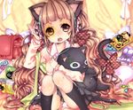  animal_ears backpack bag bottle bow brown_eyes brown_hair can candy cat cat_ears food hair_bow headphones kneehighs long_hair mata original panties pantyshot randoseru skirt socks solo stuffed_animal stuffed_toy twintails underwear very_long_hair 