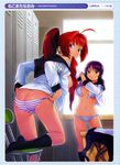  absurdres ahoge areolae ass blue_eyes bra breasts chair character_request copyright_request dressing hair_ornament hairclip highres kneehighs large_breasts lingerie locker locker_room medium_breasts mouth_hold multiple_girls navel nekomata_naomi open_bra open_clothes open_shirt panties ponytail purple_hair red_eyes red_hair scan school_uniform serafuku shirt socks striped striped_panties translation_request underwear 