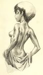  back breasts copyright_request looking_back medium_breasts monochrome nude satou_toshiyuki short_hair solo traditional_media undressing 