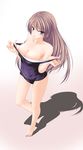  amicis barefoot black_school_swimsuit blue_eyes blush brown_hair highres long_hair looking_up one-piece_swimsuit original pulled_by_self school_swimsuit shadow solo swimsuit swimsuit_pull 