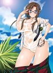  armpits bare_shoulders blue_eyes breasts brown_hair bursting_breasts cleavage contrapposto curvy evangelion:_2.0_you_can_(not)_advance from_below glasses goggles hairband huge_breasts impossible_clothes impossible_shirt kizaki_yuuri long_hair looking_down makinami_mari_illustrious neon_genesis_evangelion one-piece_swimsuit open_clothes open_shirt plaid plaid_skirt rebuild_of_evangelion school_swimsuit school_uniform see-through shirt skirt skirt_pull smile solo standing swimsuit swimsuit_under_clothes twintails wet white_school_swimsuit white_swimsuit wide_hips 