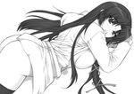  ass breasts greyscale kurugaya_yuiko large_breasts little_busters! long_hair lying monochrome naked_shirt open_clothes open_shirt ribbon shichimenchou shirt simple_background solo thighhighs 