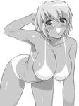  all_fours arched_back bikini_tan blush breasts greyscale hanging_breasts huge_breasts kotonomiya_yuki looking_at_viewer monochrome nipples nude open_mouth shichimenchou short_hair simple_background solo suigetsu tan tanline 