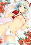  absurdres areolae bell blue_eyes breasts christmas flower green_hair highres holly koutaro lying medium_breasts naked_ribbon navel on_back original panties poinsettia ribbon short_hair skindentation smile solo striped striped_legwear thighhighs underwear white_panties wristband 