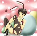  1boy animal_ears blush boy brown_hair bunny bunny_ears bunny_suit bunnyboy bunnysuit crossdress crossdressing detached_collar high_heels ikari_shinji licking lowres male_focus neon_genesis_evangelion pantyhose saliva shoes sitting solo torn_clothes torn_pantyhose trap wrist_cuffs 