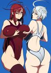 ahoge ass backboob breasts competition_swimsuit copyright_request covered_nipples hidarikiki highres huge_breasts long_hair looking_back multiple_girls one-piece_swimsuit pink_eyes red_eyes red_hair short_hair silver_hair swimsuit thighhighs 