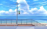  absurdres animal beach biako bird blue_sky cloud cloudy_sky commentary_request crosswalk day flying highres horizon no_humans ocean original outdoors pedestrian_lights railing revision road sand scenery sky stairs summer water 