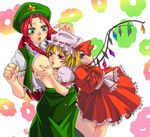  blonde_hair braid breasts china_dress chinese_clothes dress flandre_scarlet green_eyes hat hong_meiling lactation large_breasts long_hair miero multiple_girls nipples one_side_up open_clothes open_shirt ponytail red_eyes red_hair shirt short_hair touhou twin_braids wings yuri 
