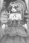  black_hair blood breasts chair clock collar corset curtains death doll dress empty_eyes flower guro hat highres hiroaki_samura injury lamp monochrome nipples pencil realistic short_hair sitting topless wounds 