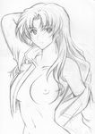  breasts greyscale katsuragi_misato large_breasts long_hair looking_at_viewer monochrome navel neon_genesis_evangelion off_shoulder sketch smile solo special-week 