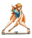  1girl bare_shoulders breasts curvy fatal_fury hand_on_hip hanging_breasts holding holding_weapon iury_padilha japanese_clothes kimono kunoichi large_breasts leaning_forward legs long_hair nami_(one_piece) no_bra one_piece orange_hair ponytail reference smile solo tattoo the_king_of_fighters thick_thighs thighs tied_hair weapon wide_hips 