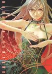  absurdres akashiya_moka breasts chain choker cleavage collar dress glowing glowing_eyes highres huge_filesize ikeda_akihisa inner_moka long_hair medium_breasts orange_eyes rosario+vampire silver_hair slit_pupils 