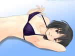  amagami arm_behind_head armpits bikini_pull bikini_top black_hair blue_background brown_eyes flat_chest gradient gradient_background kujou_hyotarouo lying nanasaki_ai on_back one-piece_tan open_mouth pulled_by_self purple_eyes purple_swimsuit short_hair simple_background solo strap_lift swimsuit tan tanline wallpaper watermark web_address 