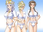  arshtat_falenas bernadette_egan blonde_hair blush braid breasts brown_hair cameltoe cleavage front-tie_top fundoshi gensou_suikoden gensou_suikoden_v japanese_clothes kitamura_(bamboo) large_breasts midriff multiple_girls shirt sialeeds_falenas silver_hair tied_shirt twintails yamakasa 