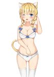  1girl animal_ears bangs bare_arms bare_shoulders blonde_hair blue_bow blush bow bow_bra bow_panties bra braid breasts cat_ears cat_girl cat_tail cleavage collarbone commentary_request eyebrows_visible_through_hair gluteal_fold hair_between_eyes hair_bow hair_over_shoulder hand_up highres long_hair low_twintails medium_breasts navel original panties simple_background solo standing tail tail_raised takapii thighhighs twin_braids twintails underwear underwear_only white_background white_bra white_legwear white_panties 