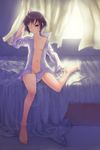  backlighting bad_id bad_pixiv_id barefoot bed black_light bottomless curtains feet flat_chest highres lens_flare messy_hair naked_shirt navel nipple_slip nipples no_bra one_eye_closed open_clothes open_shirt original purple_eyes purple_hair shirt short_hair sitting sleepy solo watermark web_address window 