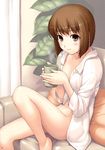  blush bob_cut bottomless breasts brown_eyes brown_hair convenient_arm convenient_leg couch cup curtains hagiwara_yukiho highres idolmaster idolmaster_(classic) long_legs looking_at_viewer medium_breasts naked_shirt open_clothes open_shirt plant shirt short_hair sitting sleeves_pushed_up smile solo tanaka_shoutarou 