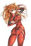  ass bangs blue_eyes bodysuit bracer breasts clenched_hand covered_nipples cowboy_shot floating_hair from_behind gloves hair_between_eyes hair_ornament hand_behind_head long_hair looking_at_viewer looking_back medium_breasts neon_genesis_evangelion orange_hair parted_lips pilot_suit plugsuit saburou_(hgmg) shiny shiny_clothes simple_background skin_tight solo souryuu_asuka_langley turtleneck twisted_torso two_side_up white_background 