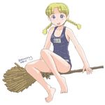  1girl awatake_takahiro barefoot blonde_hair blue_eyes blush braid broom feet female full_body one-piece_swimsuit school_swimsuit simple_background solo swimsuit toes twin_braids white_background witch 