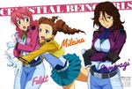  absurdres blush brown_hair celestial_being_uniform character_name drill_hair feldt_grace gundam gundam_00 hair_between_eyes highres matsukawa_tetsuya mileina_vashti multiple_girls official_art pink_hair sumeragi_lee_noriega 