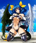  asymmetrical_wings bare_shoulders beach blue_hair breasts choker cloud day dizzy guilty_gear jilpoong17 kneeling large_breasts long_hair navel outdoors red_eyes ribbon sky solo tail tail_ribbon thighhighs underboob water wings 