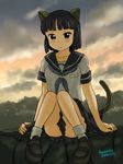  animal_ears awatake_takahiro black_hair cat_ears cat_tail school_uniform sitting tail 