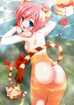  =_= absurdres animal_ears ass back blue_eyes blush breast_press breasts cat copyright_request fang highres looking_at_viewer looking_back medium_breasts muririn nude open_mouth pink_hair pool ribbon short_hair smile solo tail tail_ribbon tiger_ears tiger_tail 