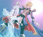  bad_id bad_pixiv_id blazblue blonde_hair gloves green_eyes grin ice jin_kisaragi male_focus smile solo sumeshi_(ambivalince) sword uniform weapon yukianesa 