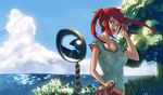  aqua_eyes bh001 breasts cleavage cloud copyright_request day large_breasts ocean outdoors red_hair sky solo tree twintails water wet 