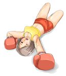  artist_request boxing boxing_gloves brown_hair down k.o love_upper midriff short_hair shorts source_request sports_bra 