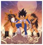  armor aura bad_id bad_pixiv_id bald cloud dragon_ball dragon_ball_z energy_ball gloves katsutake long_hair male_focus moon multiple_boys nappa raditz rubble scouter spiked_hair tail vegeta 