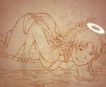  aaru_sentou_shuudan barefoot bikini haibane_renmei halo monochrome nemu orange_(color) solo swimsuit top-down_bottom-up water wings 