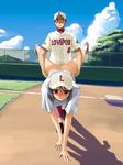  1girl baseball baseball_cap black_eyes black_hair blush bottomless embarrassed hakui_ami hands hat implied_sex original public short_hair spread_legs 