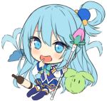  1girl :d aqua_(konosuba) bangs blue_eyes blue_footwear blue_hair blue_skirt blush boots bottle chibi commentary detached_sleeves english_commentary eyebrows_visible_through_hair fan folding_fan full_body hair_between_eyes hair_ornament hand_to_own_mouth hitsukuya holding holding_staff knee_boots kono_subarashii_sekai_ni_shukufuku_wo! long_hair long_sleeves looking_at_viewer open_mouth pleated_skirt purple_shirt see-through shirt simple_background skirt sleeveless sleeveless_shirt smile solo staff thighhighs thighhighs_under_boots very_long_hair water white_background white_legwear white_sleeves 