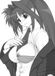  breast_slip breasts facial_mark forehead_mark greyscale hair_intakes large_breasts lindy_harlaown long_hair lyrical_nanoha mahou_shoujo_lyrical_nanoha military military_uniform monochrome necktie nipples one_breast_out open_clothes open_shirt ponytail shichimenchou shirt simple_background solo tsab_naval_military_uniform uniform 