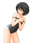  amagami black_hair blush embarrassed hands_on_own_chest nanasaki_ai one-piece_swimsuit pulled_by_self sasaki_akira_(ugc) short_hair solo swimsuit swimsuit_pull 