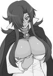  areola_slip areolae breasts cape choker dark_skin dress_pull greyscale hair_over_one_eye kirche_augusta_frederica_von_anhalt_zerbst large_breasts monochrome nipple_slip nipples pentacle pentagram pulled_by_self shichimenchou simple_background zero_no_tsukaima 