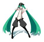  aqua_eyes aqua_hair bad_id bad_pixiv_id bakuretsu_hunters boots chocolate_misu chocolate_misu_(cosplay) cosplay full_body hat hatsune_miku long_hair microphone naked_suspenders pants revealing_clothes scotch simple_background smile solo standing suspenders topless twintails very_long_hair vocaloid 
