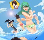  akatoro_(nightlord) angry bikini black_hair blonde_hair blue_eyes blush breast_hold breasts clothes_theft covering day feathers green_hair hakurei_reimu hitodama houraisan_kaguya kirisame_marisa kochiya_sanae konpaku_youmu konpaku_youmu_(ghost) lens_flare multiple_girls one-piece_swimsuit one_eye_closed school_swimsuit shameimaru_aya silver_hair swimsuit swimsuit_theft teruyof theft topless touhou water yellow_eyes yukkuri_shiteitte_ne 