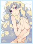  1girl bed_sheet blush breasts cloud_hair covering covering_one_breast earrings hand_on_own_chest jewelry long_hair lying medium_breasts moudoku_(decopon3rd) multicolored_hair nia_teppelin nipples nude out-of-frame_censoring ring solo tengen_toppa_gurren_lagann very_long_hair 