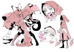  1girl basket boots braid cloak fellatio freckles glowing glowing_eyes green_eyes hair_over_eyes highres hood karasu_raven long_tongue monster_girl open_mouth oral original partially_colored suction_cups tentacle thigh_boots thighhighs tongue tongue_out 