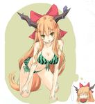  1girl :p annoyed bikini breast_conscious breasts cleavage food food_print food_themed_clothes front-tie_top fruit graphite_(medium) horns ibuki_suika imagining kneeling large_breasts long_hair looking_at_viewer mixed_media nabeshima_tetsuhiro older orange_hair ribbon side-tie_bikini sketch solo striped striped_bikini swimsuit thought_bubble tongue tongue_out touhou traditional_media watermelon watermelon_print yellow_eyes 