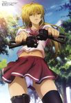  absurdres aiming_at_viewer beretta_93r blonde_hair cal_devens dual_wielding gangsta_hold green_eyes gun handgun highres holding light_rays long_hair machine_pistol megami midriff navel non-web_source official_art panties pantyshot phantom_of_inferno pistol requiem_for_the_phantom school_uniform serafuku skindentation skirt solo sunbeam sunlight thighhighs underwear upskirt vertical_foregrip weapon white_panties yamashita_yoshimitsu 